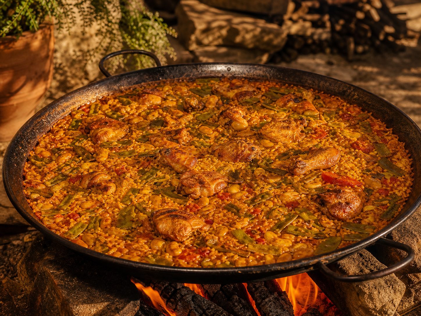 Paella valenciana tradicional cocinada al fuego